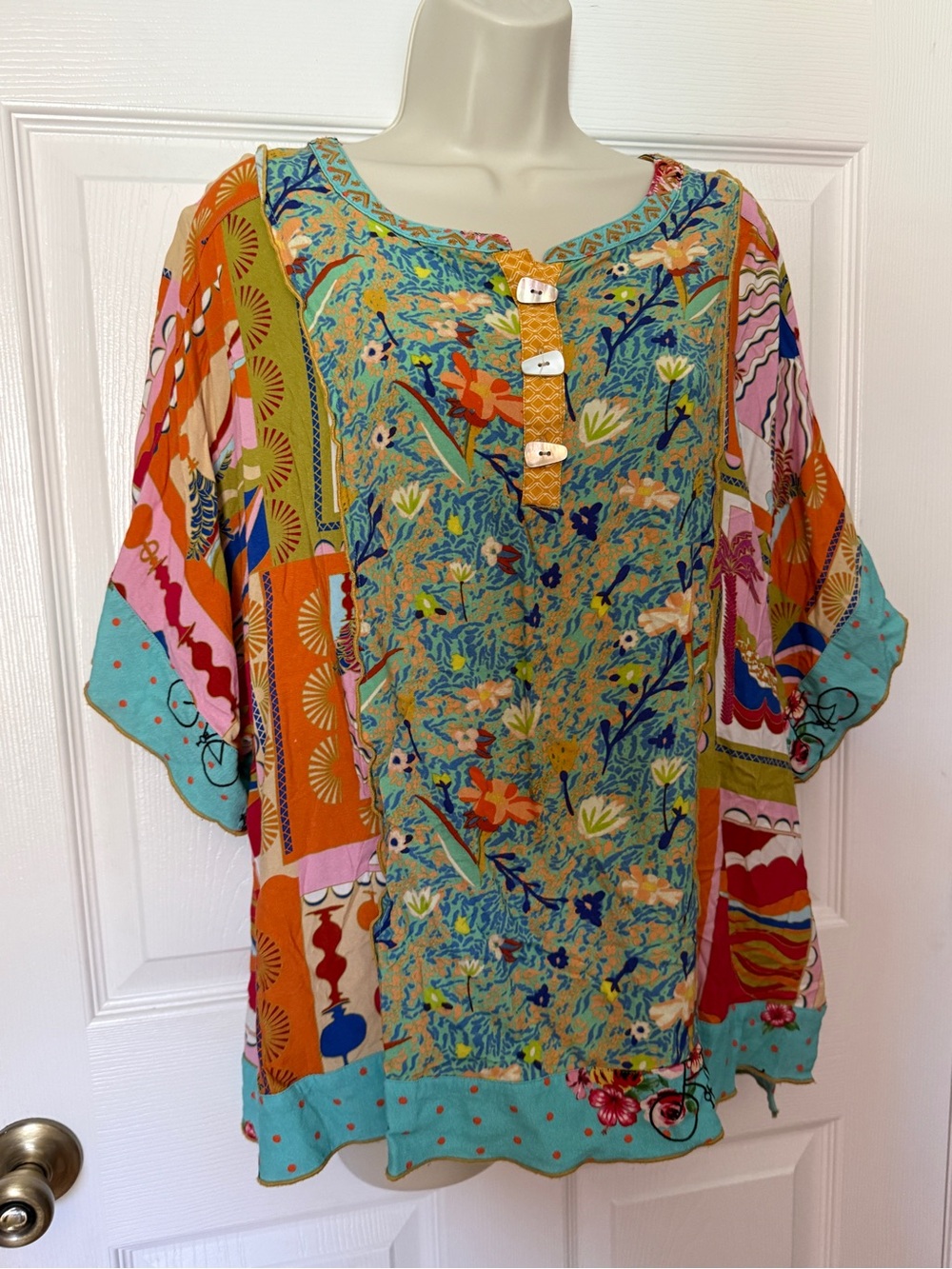 John Mark 100% Rayon Boho Floral Patchwork Tunic Summer Top / Size Large - Picture 7 of 9
